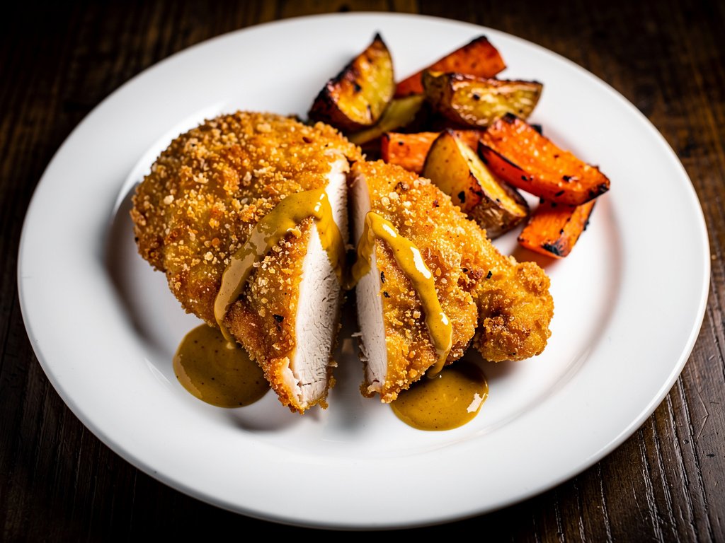 Sheet Pan Crispy Chicken with Maple Mustard Sauce, Roasted Potatoes & Carrots