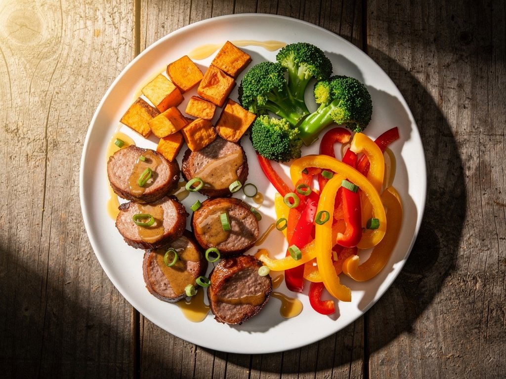 Sheet Pan Roasted Pork Sausage with Honey Dijon Vegetables