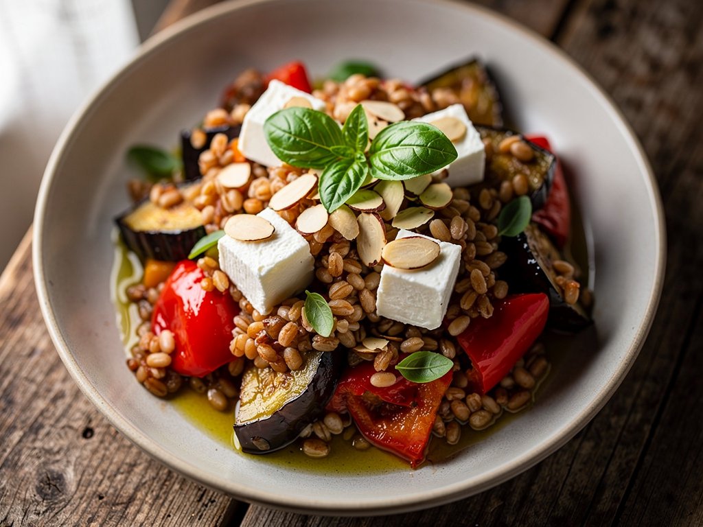 Sicilian-Inspired Farro Caponata with Eggplant, Roasted Red Pepper, and Fresh Mozzarella