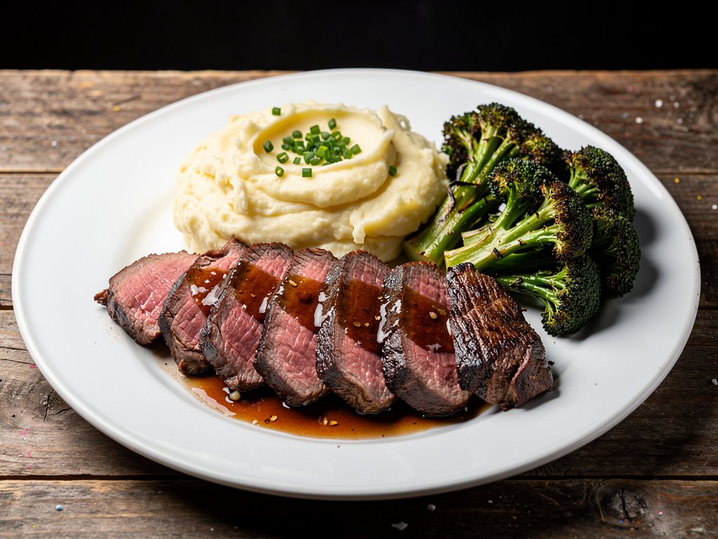 Sirloin Steak with Roasted Garlic Pan Sauce, Mashed Potatoes & Broccoli