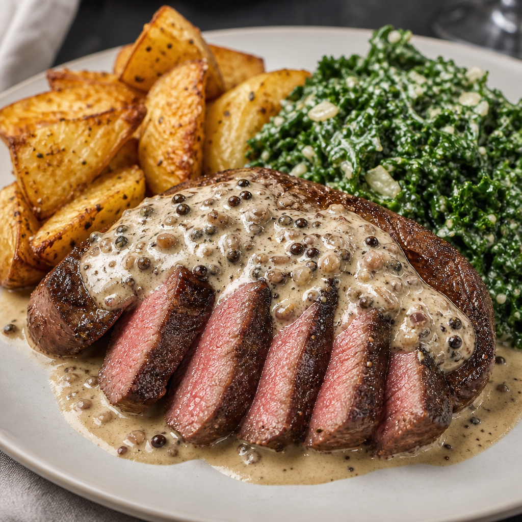 Sirloin Steak with Shallot-Peppercorn Sauce, Creamy Kale and Potato Wedges