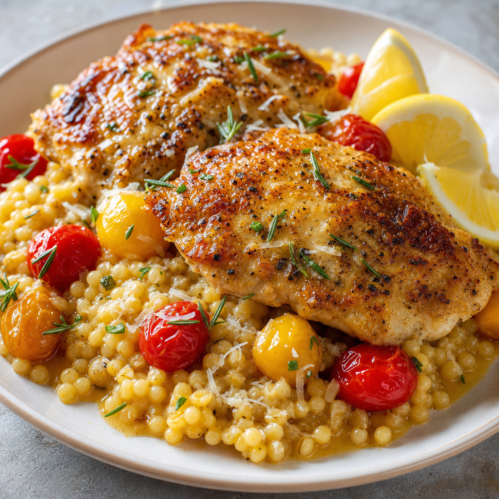 Skillet Lemon-Rosemary Chicken with Parmesan Israeli Couscous
