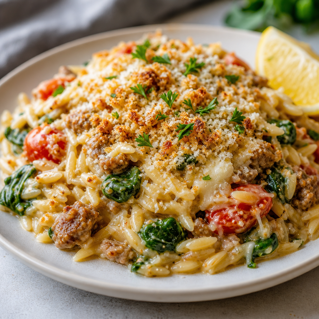 Skillet Orzo with Italian Chicken Sausage, Tomatoes and Spinach