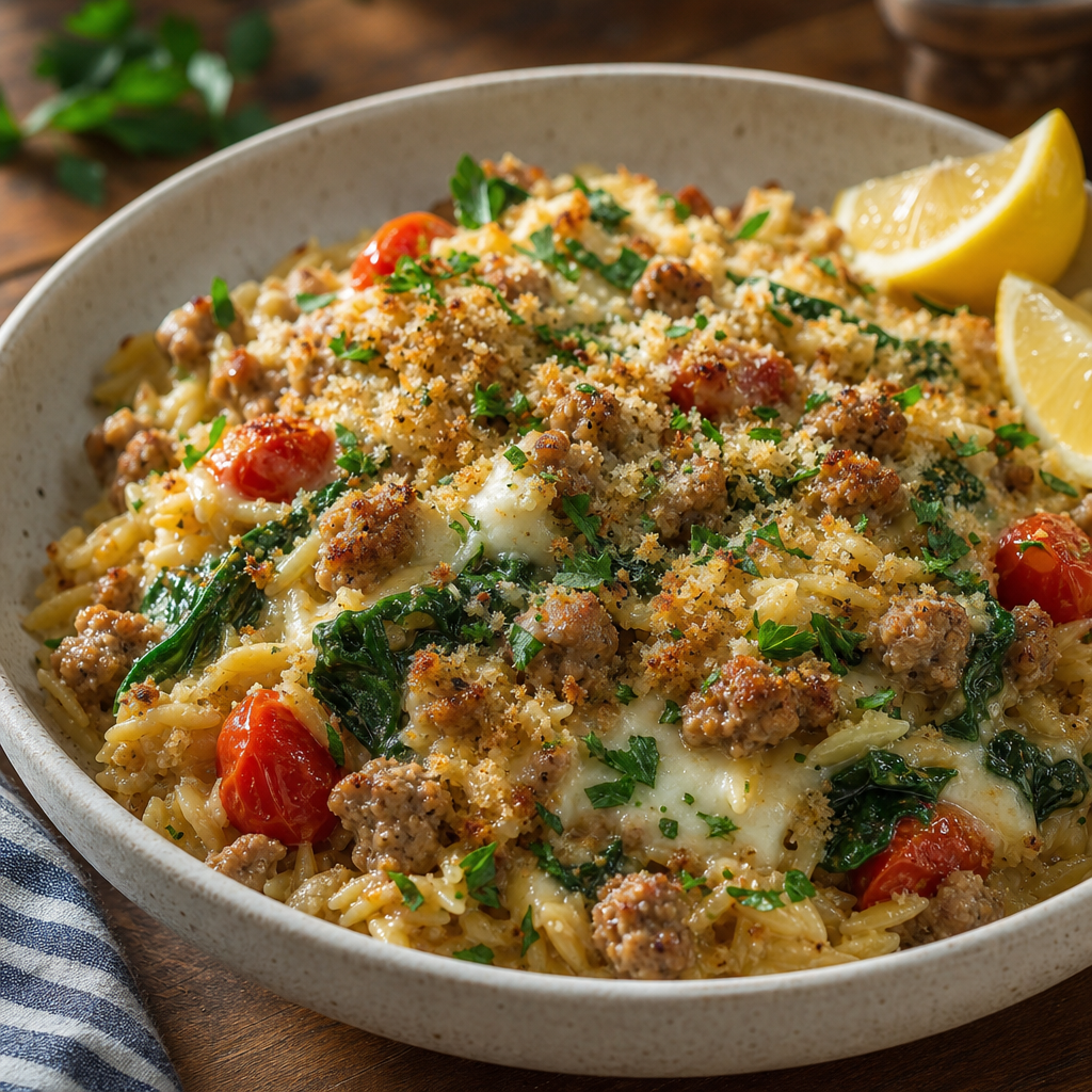 Skillet Orzo with Italian Chicken Sausage, Tomatoes, Spinach, and Crispy Parmesan