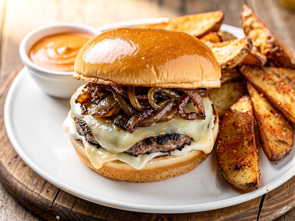 Smash Burger with Caramelized Onion and Old Bay Fries