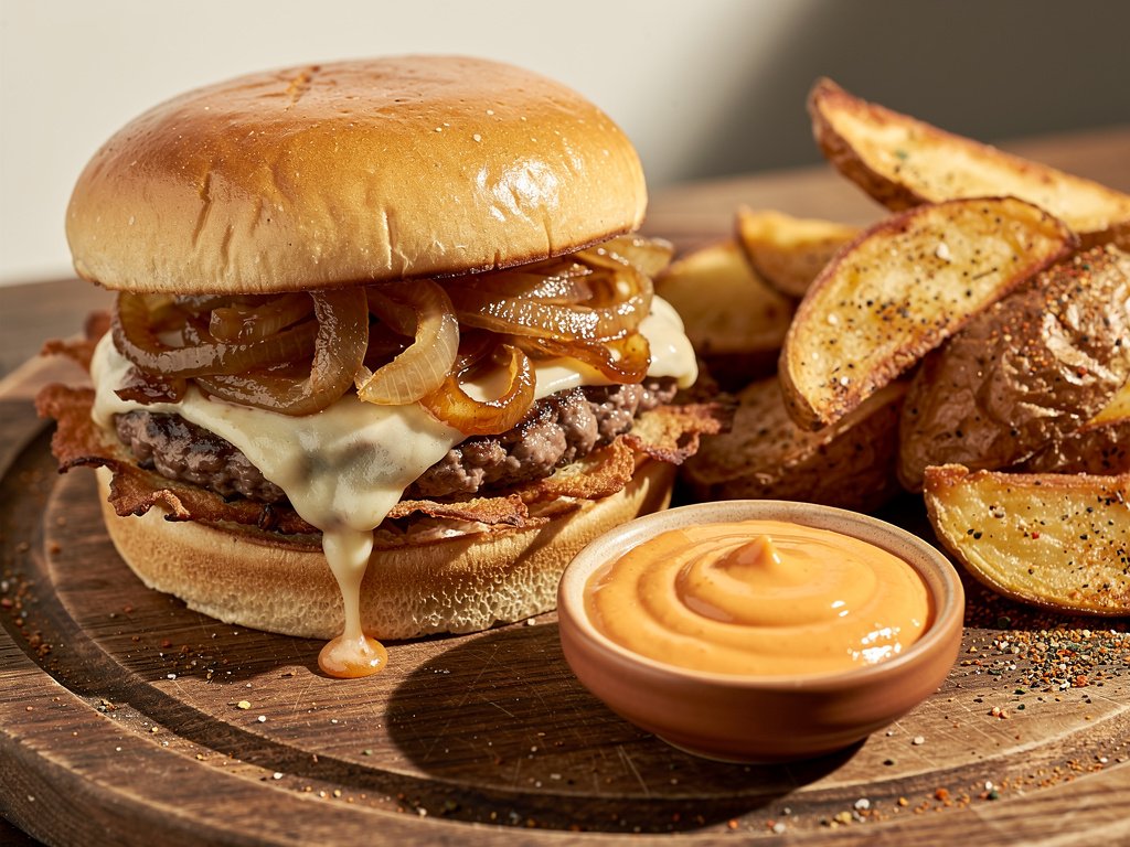 Smash Burgers with Caramelized Onion and Old Bay Fries