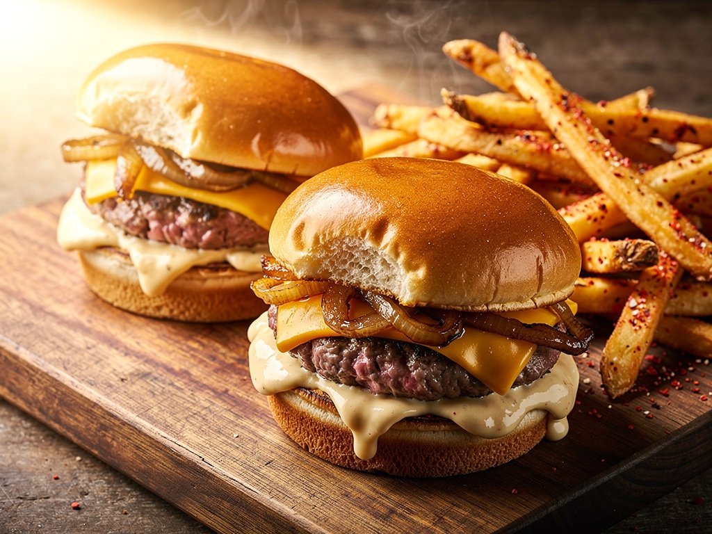 Smash Burgers with White Cheddar, Caramelized Onions, and Old Bay Fries