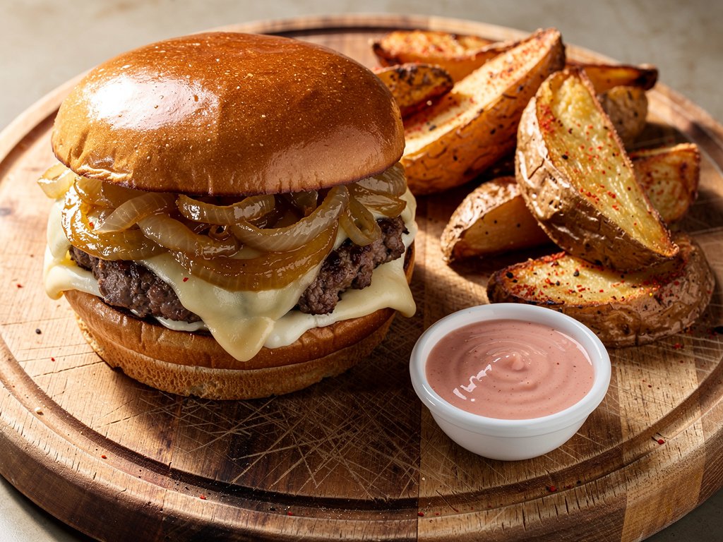 Smash-Style White Cheddar Burgers with Caramelized Onion and Old Bay Fries