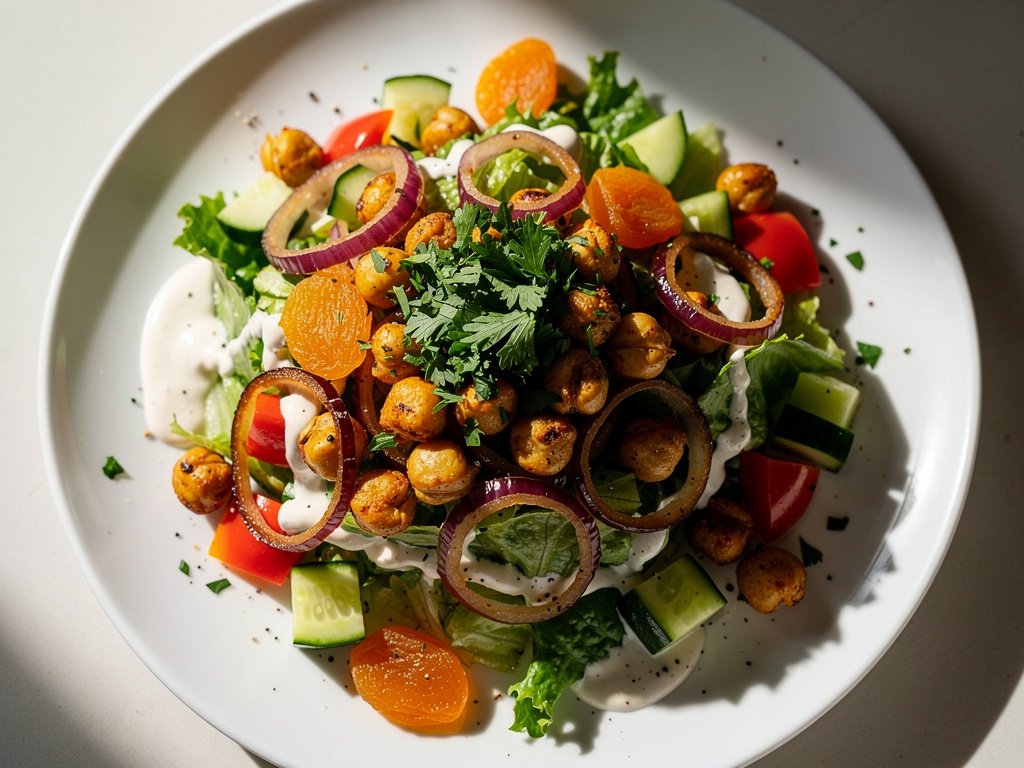Smashed Chickpea Chopped Salad with Roasted Red Onion, Dried Apricots & Creamy Greek Dressing