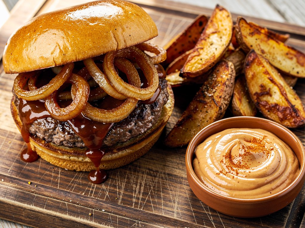 Smoky Ancho BBQ Burgers with Caramelized Onions and Roasted Potato Wedges