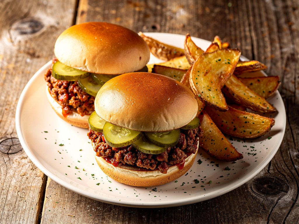 Smoky Ancho BBQ Sloppy Joes with Crispy Potato Wedges and Pickles