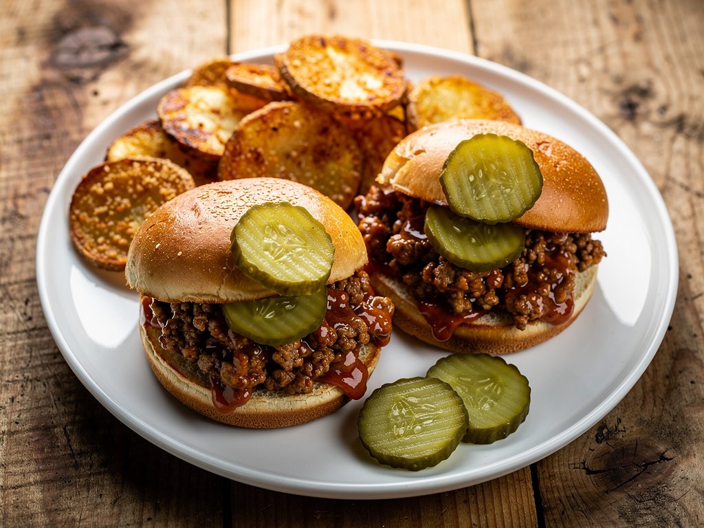 Smoky Ancho BBQ Sloppy Joes with Crispy Potato Rounds and Pickles