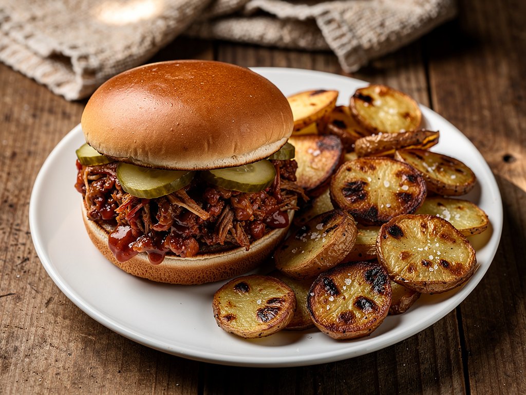 Smoky Ancho BBQ Sloppy Joes with Oven-Roasted Potatoes and Pickles