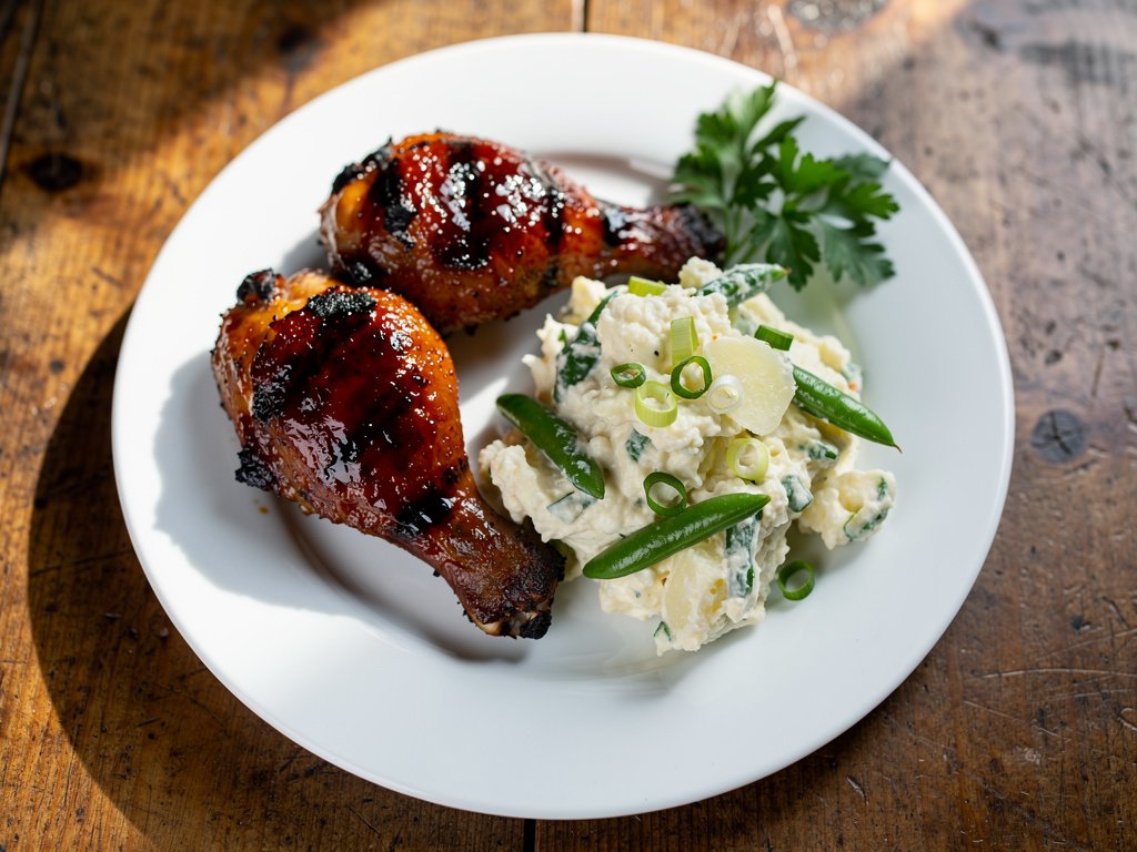 Smoky BBQ Chicken Thighs with Creamy Potato and Green Bean Salad