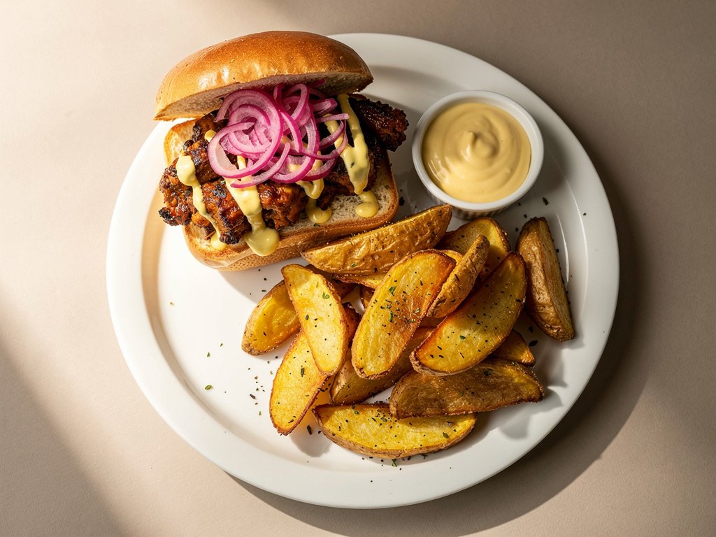 Smoky BBQ Plant-Based Sloppy Joes with Pickled Onion and Potato Wedges