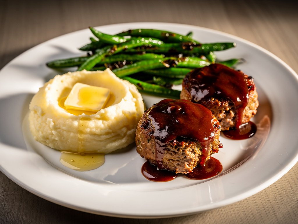 Smoky BBQ Pork and Apple Meatloaves with Garlic Mashed Potatoes and Roasted Green Beans