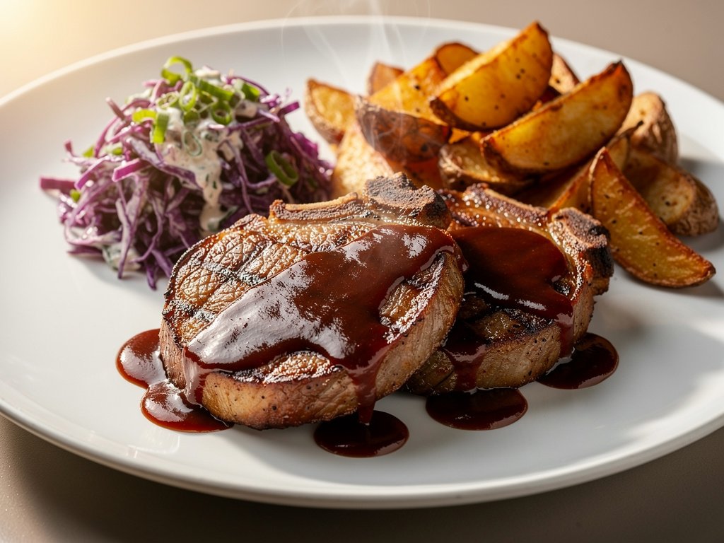 Smoky BBQ Pork Chops with Cabbage Slaw and Roasted Potatoes (Plus a Mac 'n' Cheese Lunch)