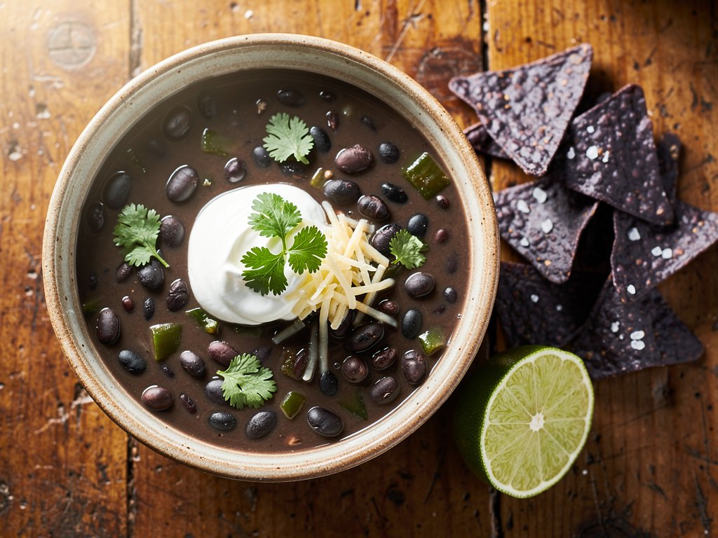 Smoky Black Bean and Poblano Soup with Lime Sour Cream and Tortilla Chips