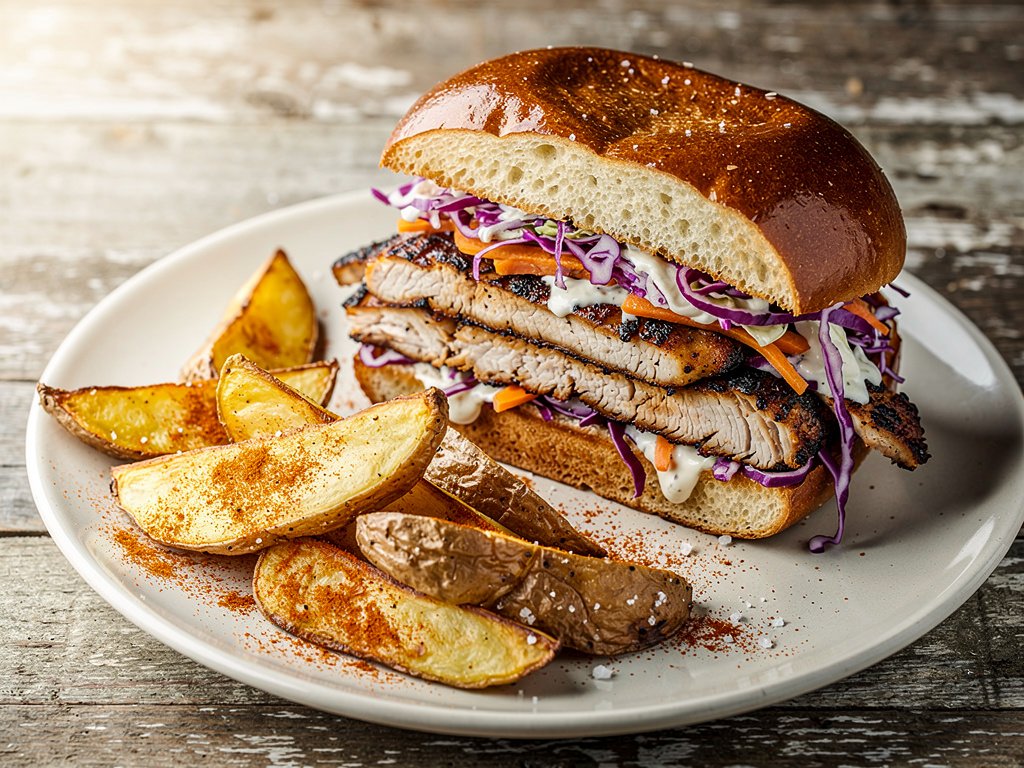 Smoky Blackened Chicken Caesar Sandwiches with Garlic Potato Wedges