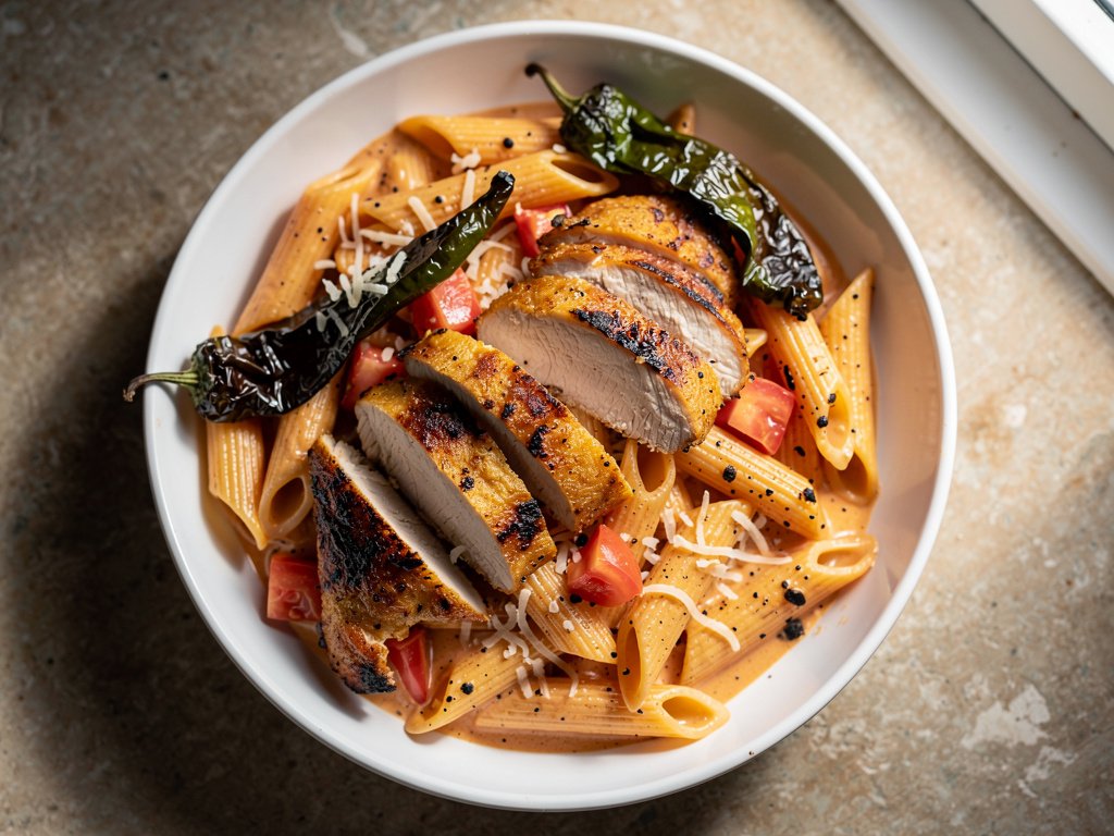 Smoky Blackened Chicken Penne with Roasted Poblano and Monterey Jack