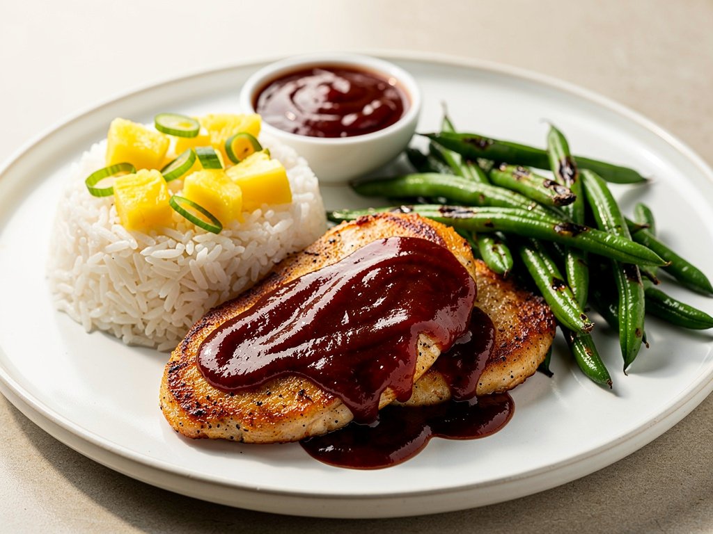 Smoky Cherry Ancho BBQ Chicken Cutlets with Pineapple Rice and Green Beans