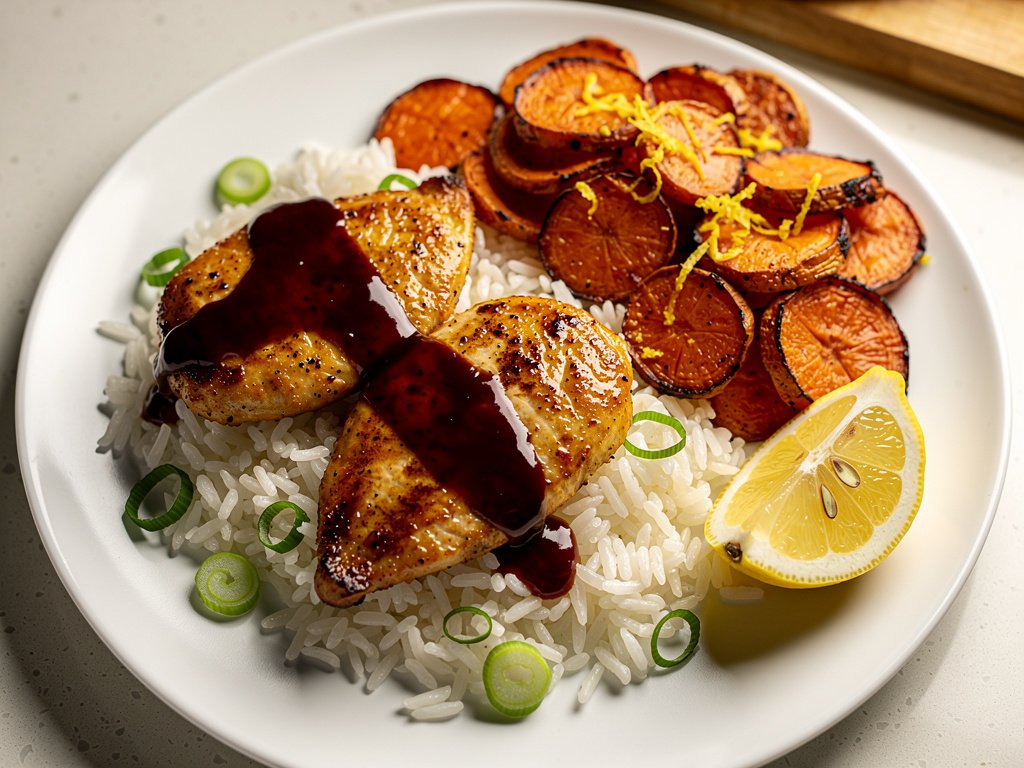 Smoky Cherry Ancho Chicken with Roasted Carrots and Scallion Rice