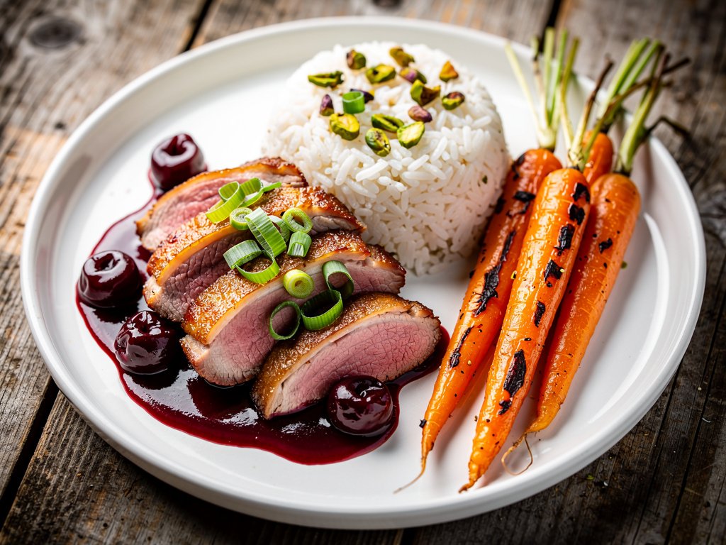 Smoky Cherry Ancho Duck with Pistachio Rice and Roasted Carrots