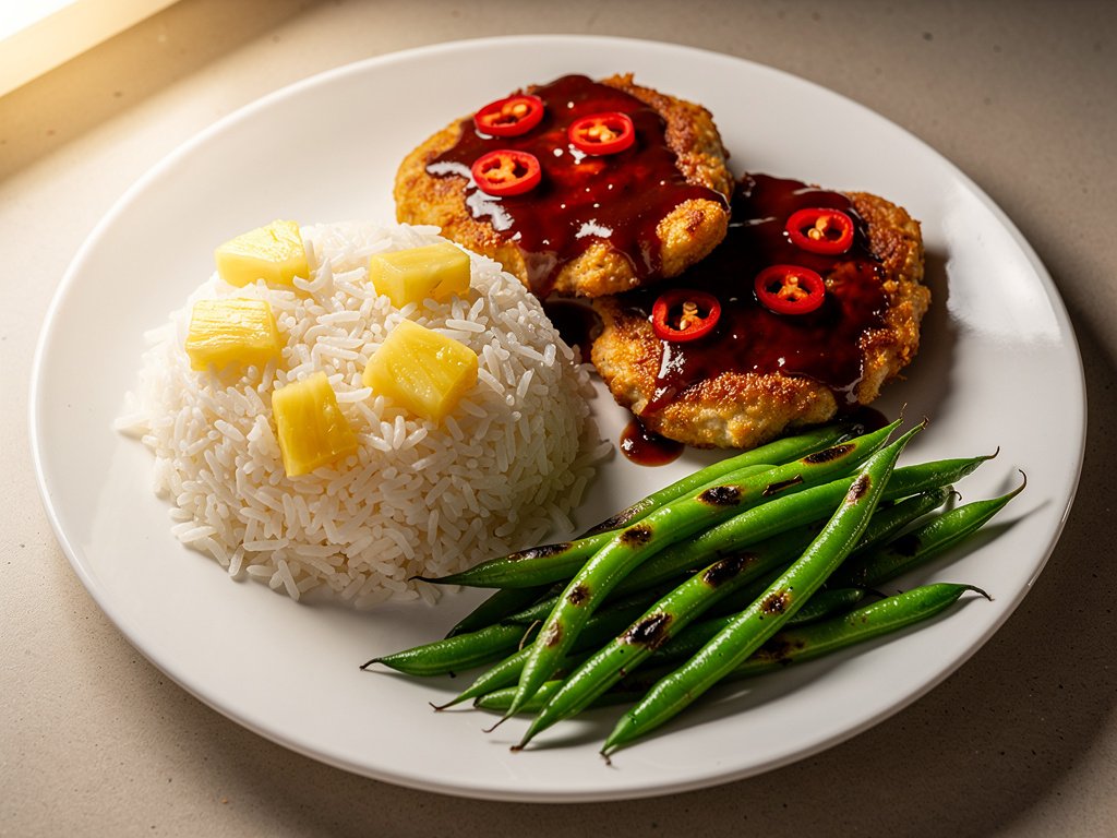 Smoky Cherry Barbecue Chicken Cutlets with Pineapple Rice and Green Beans