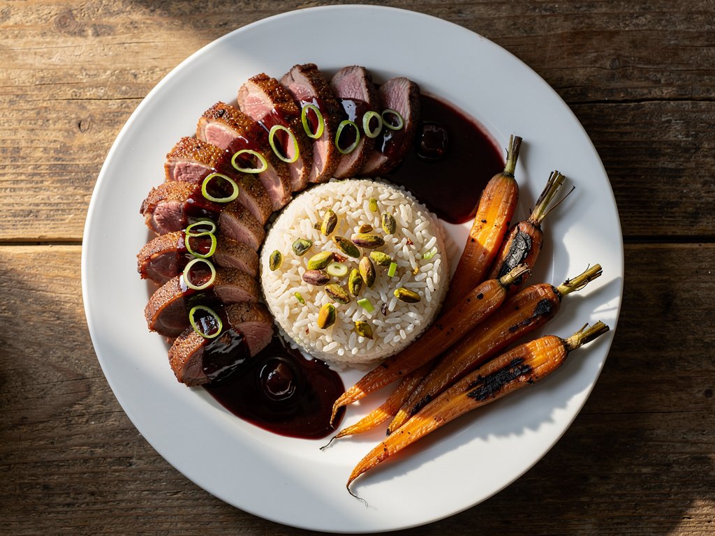 Smoky Cherry Glazed Duck with Pistachio Rice and Roasted Carrots