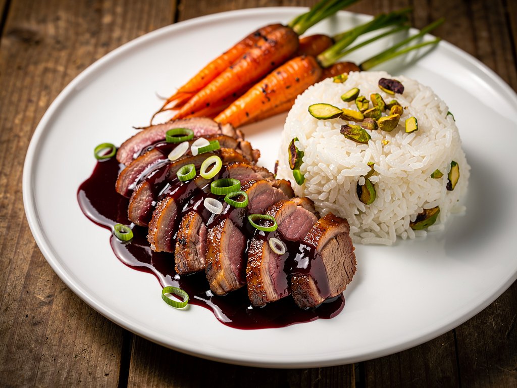Smoky Cherry Glazed Duck with Pistachio Rice and Roasted Carrots