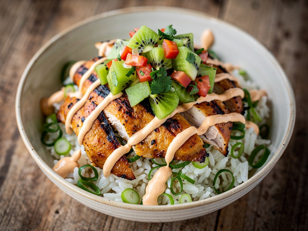 Smoky Chicken and Rice Bowls with Kiwi Salsa and Ancho Lime Crema