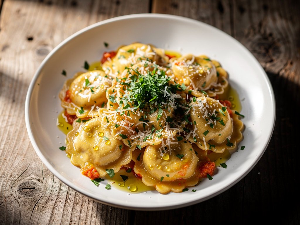 Smoky Chicken and Romesco Ravioli with Ricotta
