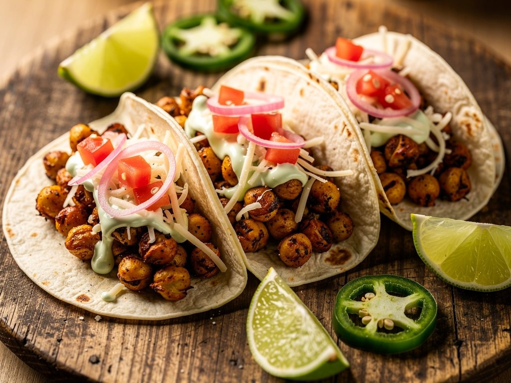 Smoky Chickpea Tacos with Poblano and Lime Crema