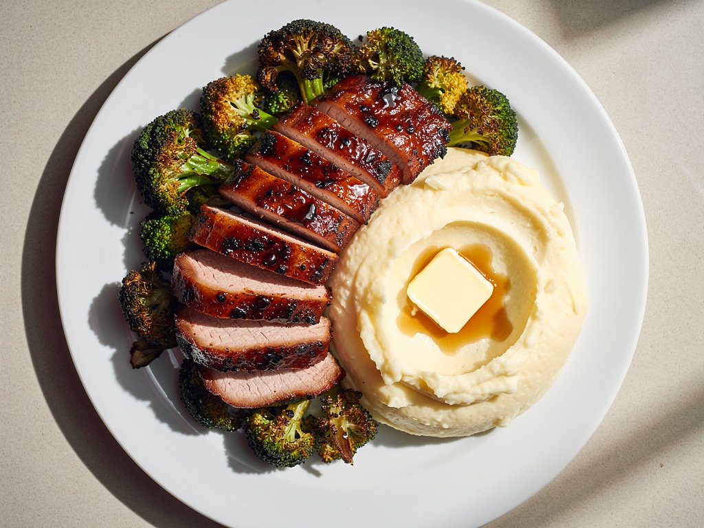 Smoky Chipotle Glazed Pork Chops with Garlic Mashed Potatoes and Roasted Broccoli