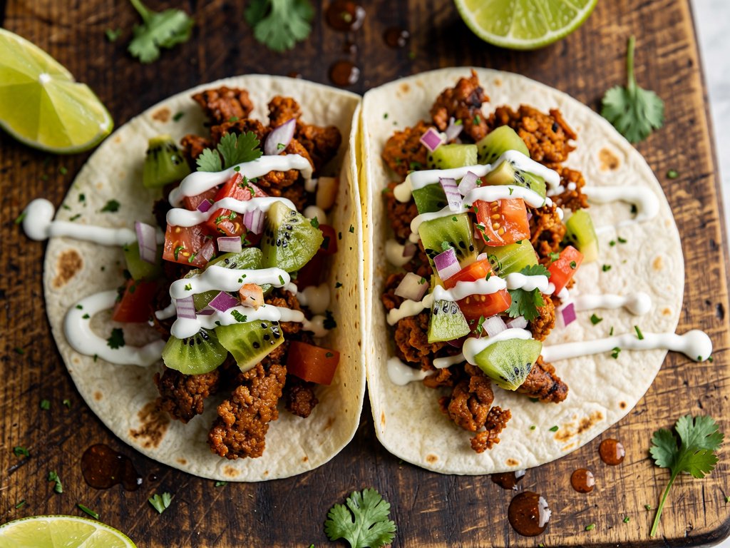 Smoky Chipotle Seitan Tacos with Kiwi Salsa and Lime Crema