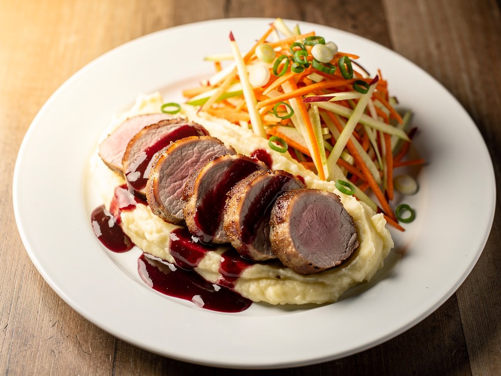 Smoky Cinnamon Pork Tenderloin with Cherry Sauce, Mashed Potatoes, and Apple Carrot Slaw