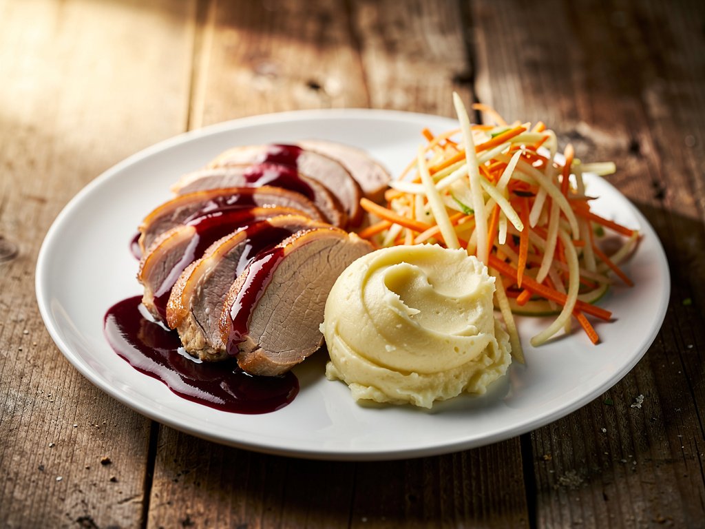 Smoky Cinnamon Pork Tenderloin with Cherry Sauce, Mashed Potatoes, and Apple Carrot Slaw