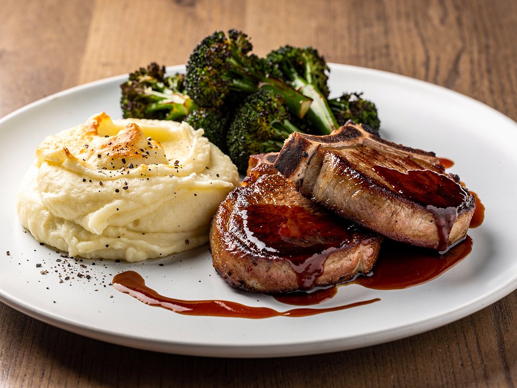 Smoky Honey Chipotle Glazed Pork Chops with Garlic Mashed Potatoes and Roasted Broccoli