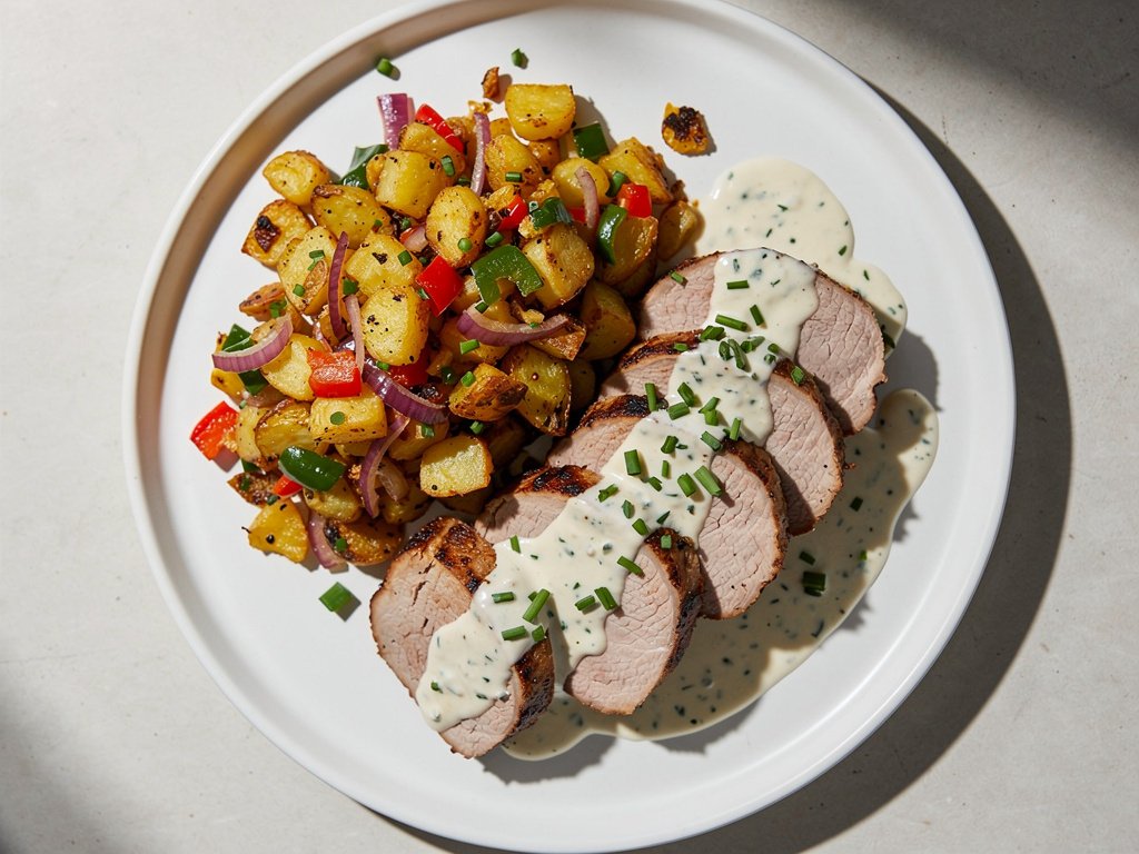 Smoky Paprika Pork Tenderloin with Bell Pepper Potato Hash and Creamy Lemon Herb Sauce