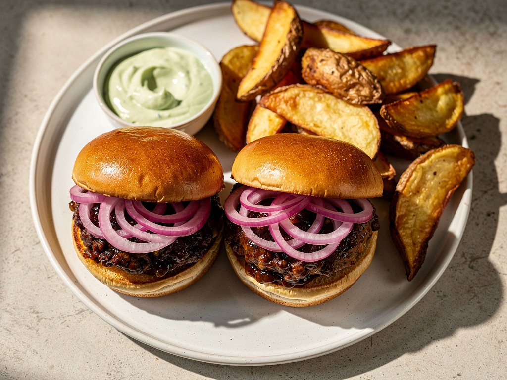 Smoky Plant-Based Sloppy Joes with Pickled Onion and Potato Wedges