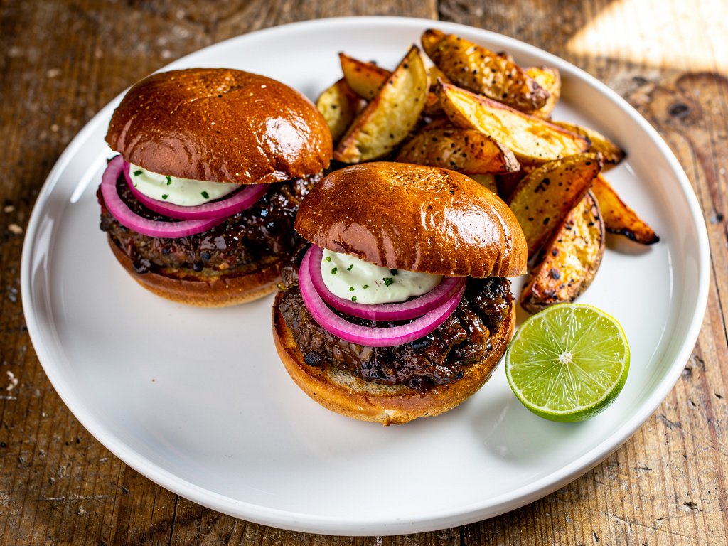 Smoky Plant-Based Sloppy Joes with Pickled Onion and Potato Wedges