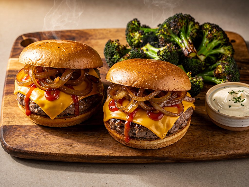 Smoky Pork Burgers with Gouda and Sriracha Caramelized Onions