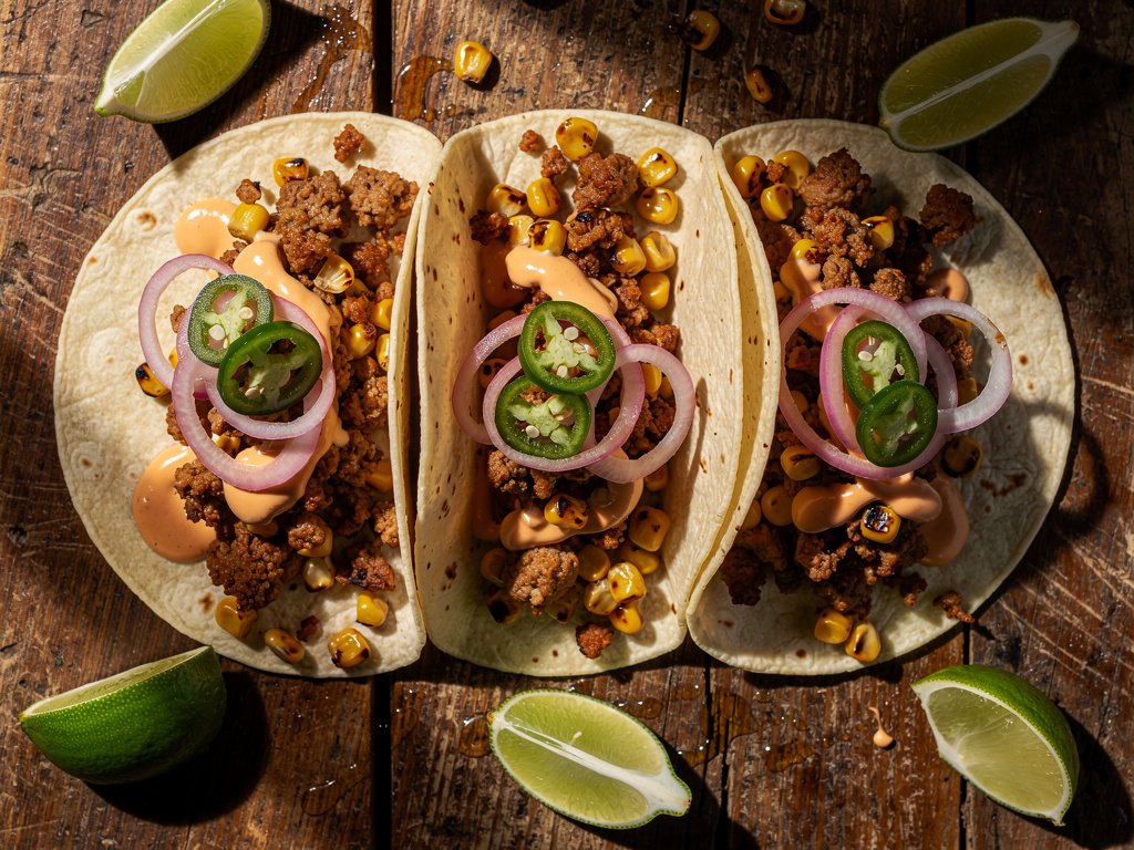Smoky Pork and Charred Corn Tacos with Chili-Lime Crema