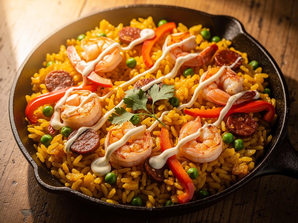Smoky Shrimp and Chorizo Paella with Garlic Aioli