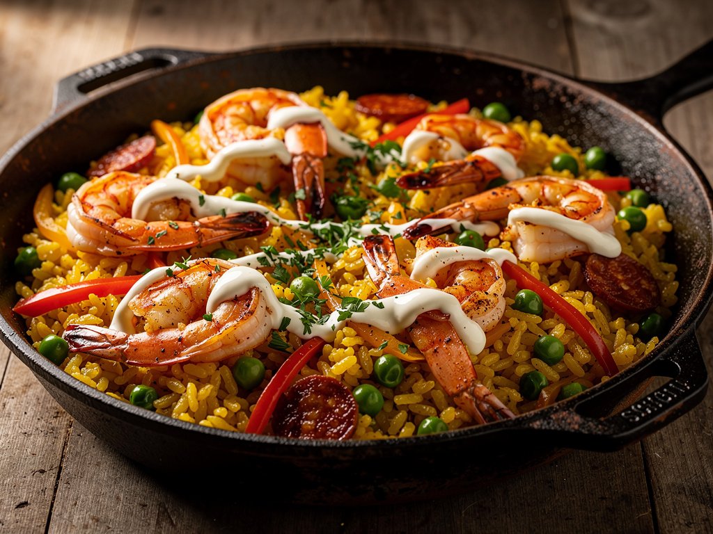 Smoky Shrimp and Chorizo Paella with Bell Peppers and Peas