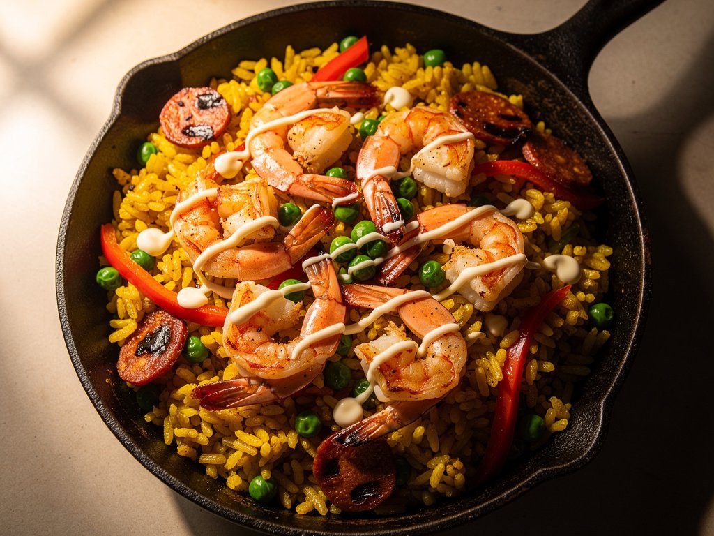 Smoky Shrimp and Chorizo Paella with Garlic Aioli