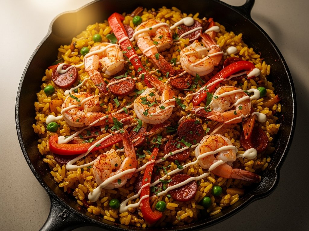 Smoky Shrimp and Chorizo Paella with Garlic Aioli