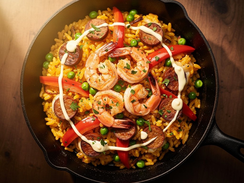 Smoky Shrimp and Chorizo Paella with Garlic Aioli