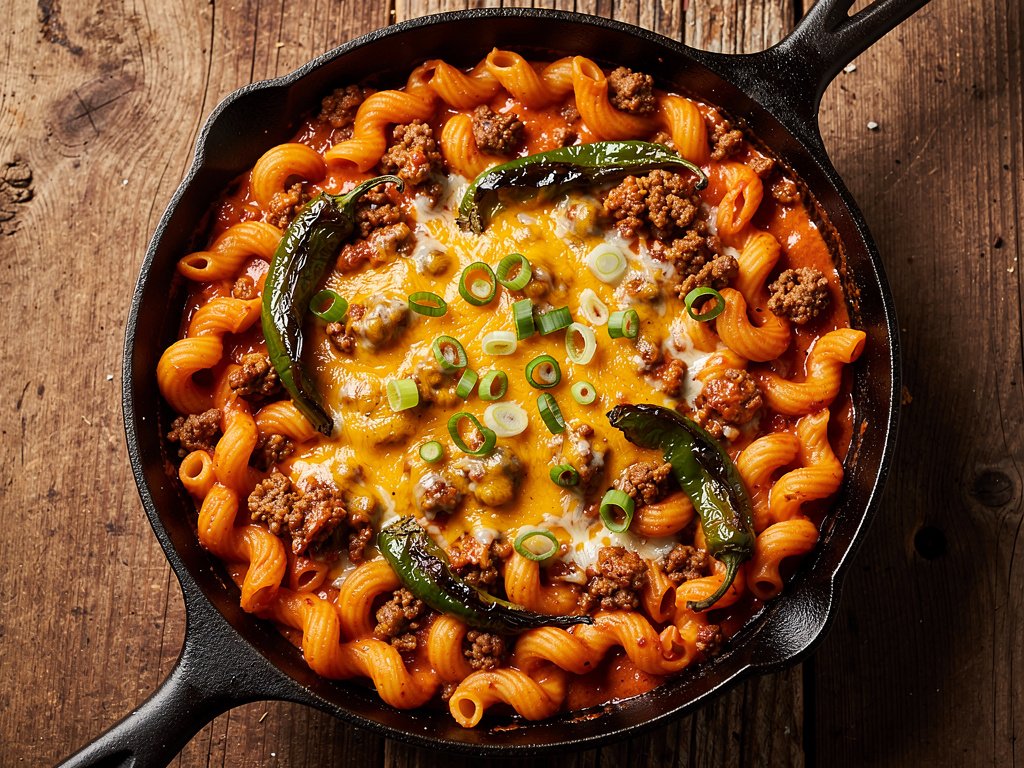 Smoky Southwest Beef Cavatappi with Poblano and Red Pepper Crema