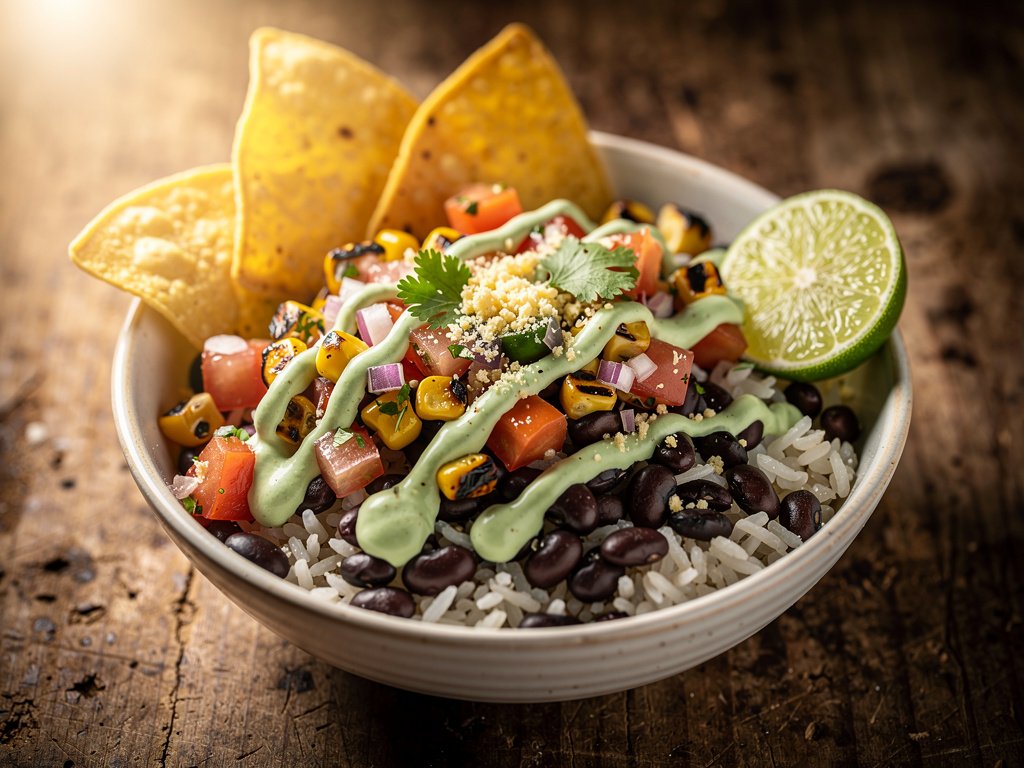 Smoky Veggie Burrito Bowls with Charred Corn & Lime Crema